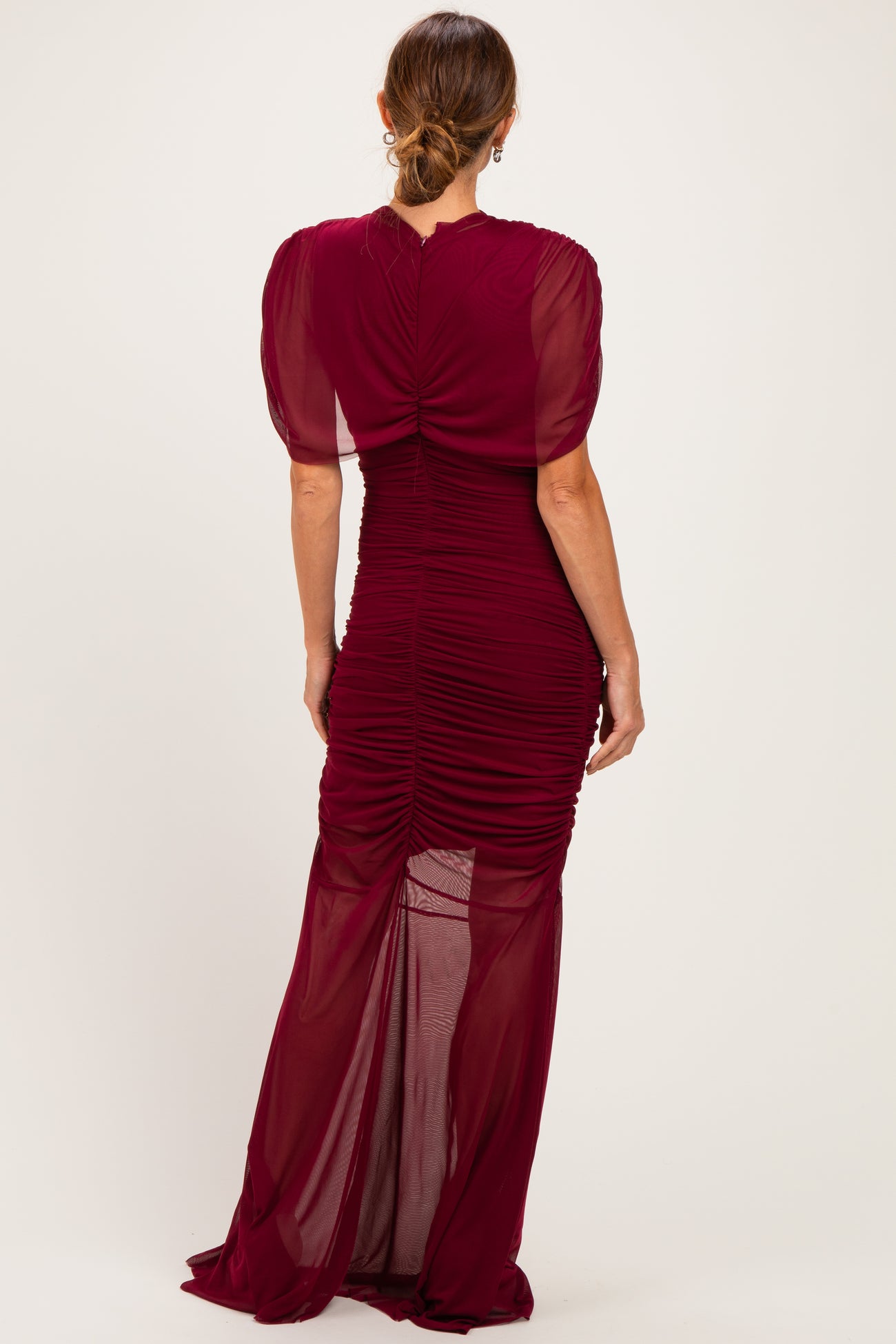 Burgundy Draped Bodice Ruched Mesh Maxi Dress
