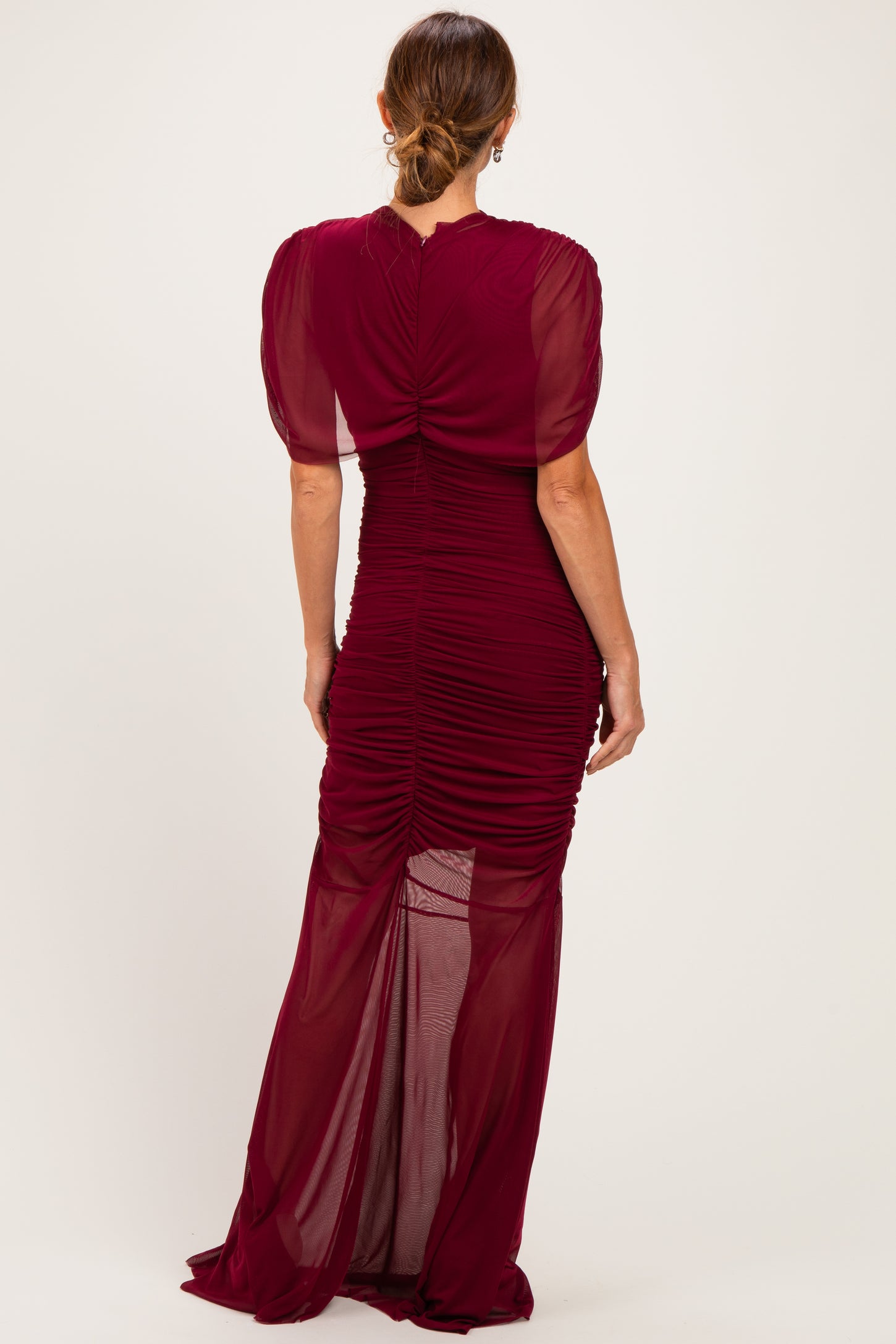 Burgundy Draped Bodice Ruched Mesh Maxi Dress