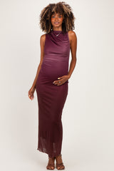 Burgundy Ombre Mesh Ruched Sleeveless Maternity Midi Dress