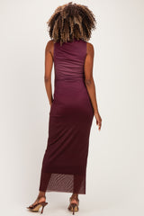 Burgundy Ombre Mesh Ruched Sleeveless Maternity Midi Dress
