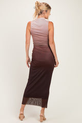 woman wearing a sleeveless ombre maxi dress transitioning from light to dark brown, showing a fitted silhouette from the back