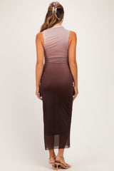 Coffee Ombre Mesh Ruched Sleeveless Maternity Midi Dress