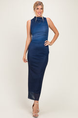 woman wearing a navy blue sleeveless maxi dress with a fitted silhouette and gathered detail at the neckline