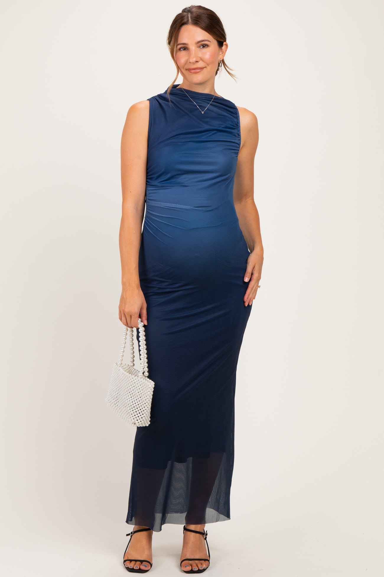 Navy Ombre Mesh Ruched Sleeveless Maternity Midi Dress