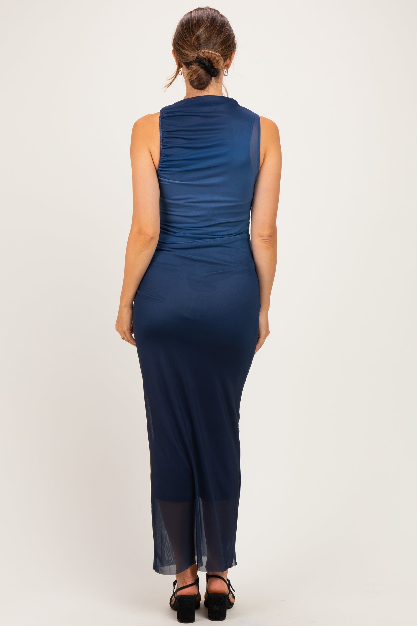 Navy Ombre Mesh Ruched Sleeveless Maternity Midi Dress