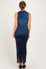 Navy Ombre Mesh Ruched Sleeveless Maternity Midi Dress