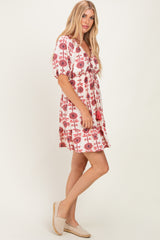 Rose Floral V Neck Puff Sleeve Ruffle Mini Dress
