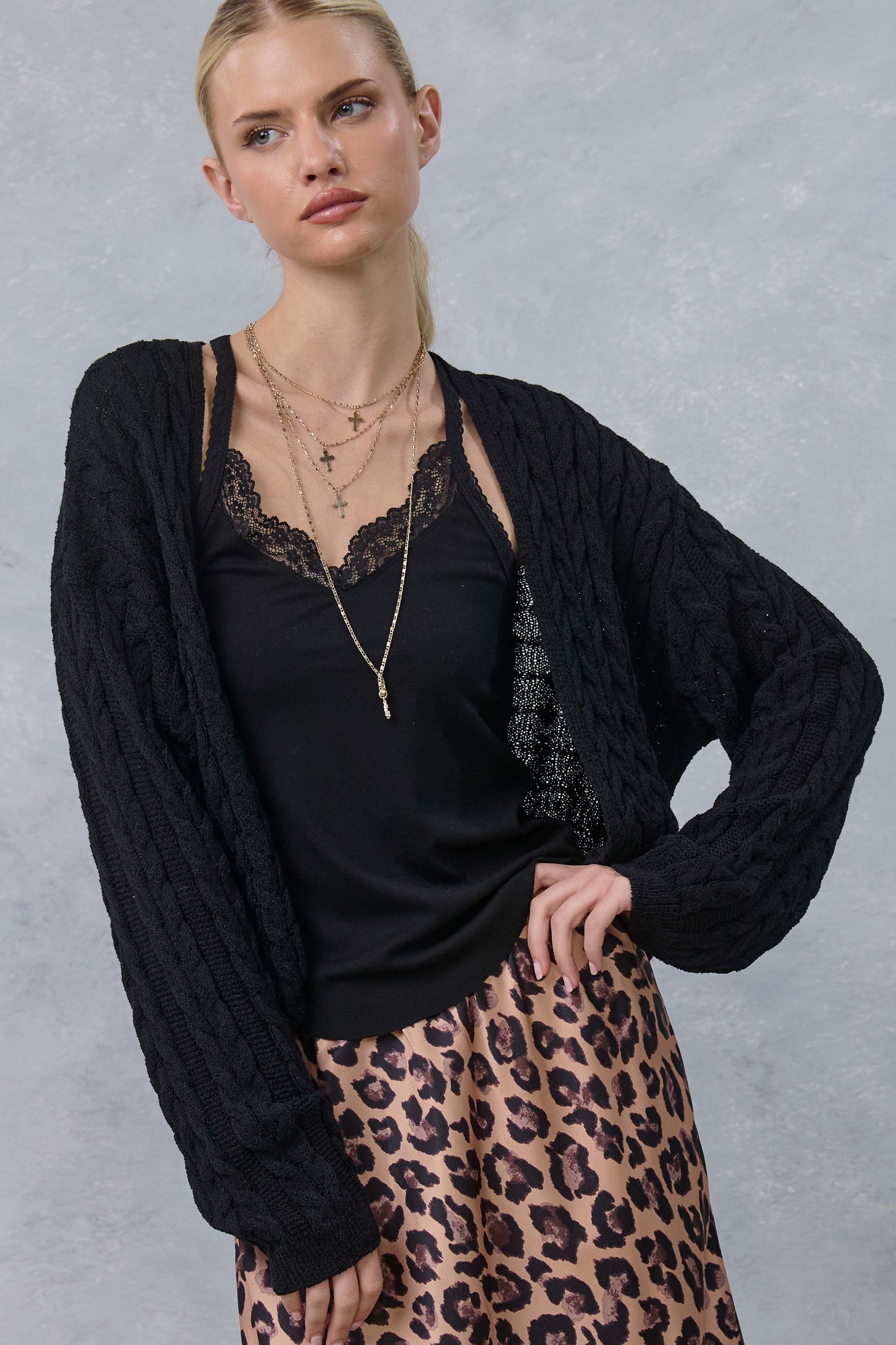 Black Dolman Sleeve Boho Cable Knit Cardigan