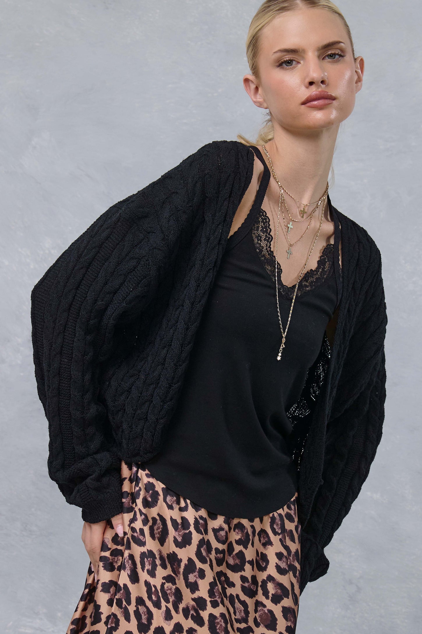 Black Dolman Sleeve Boho Cable Knit Cardigan