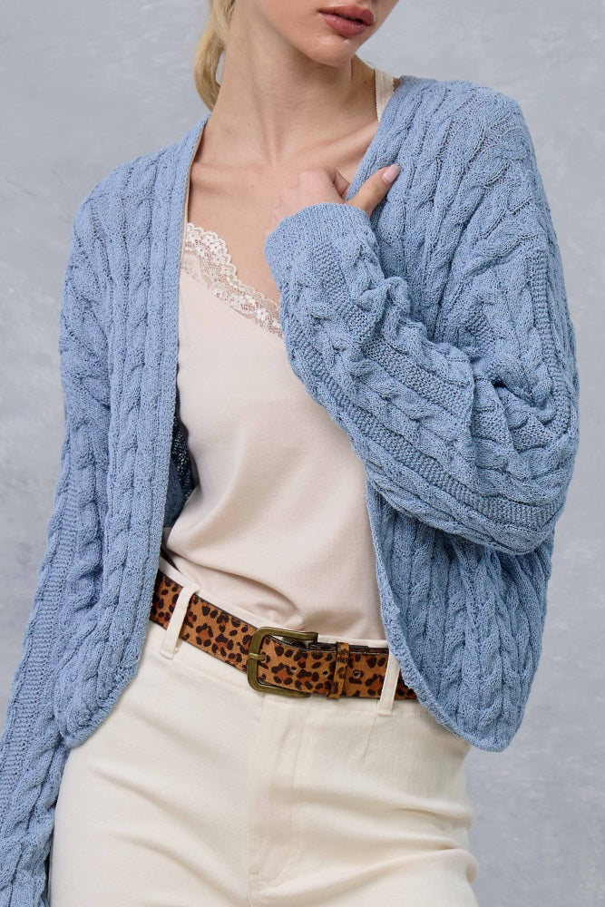 Blue Dolman Sleeve Boho Cable Knit Cardigan