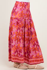 Fuchsia Floral Tiered Smocked Waistband Maxi Skirt