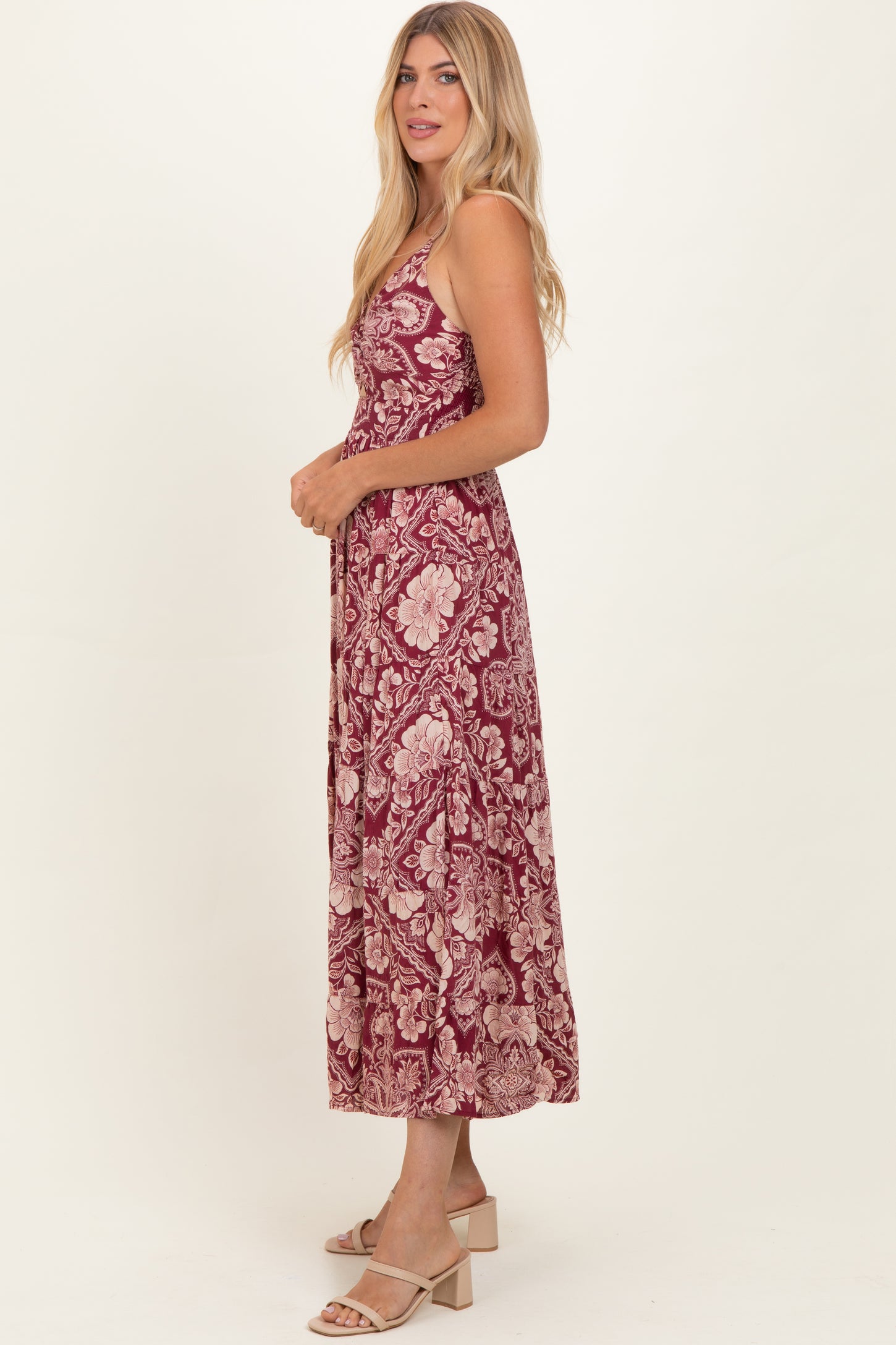 Wine Floral V-Neck Twist Front Cut Out Maxi Dress