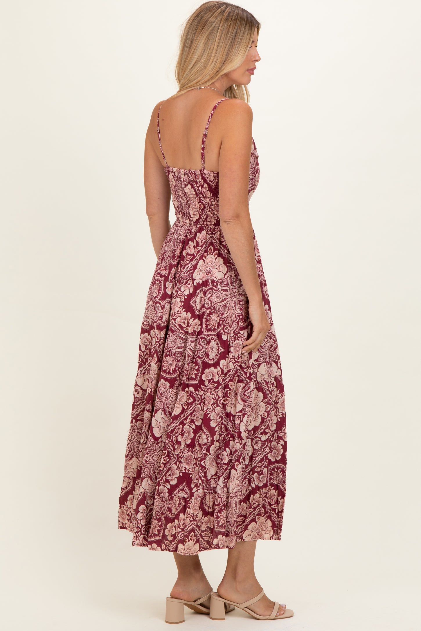 Wine Floral V-Neck Twist Front Cut Out Maxi Dress