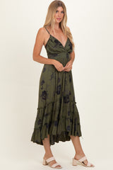 Olive Floral V-Neck Tiered Hi-Lo Dress