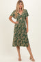 Olive Floral Short Sleeve V-Neck Twist Front Midi Dress
