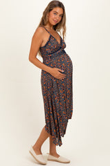 Navy Floral V-Neck Lace Trim Handkerchief Hem Maternity Dress
