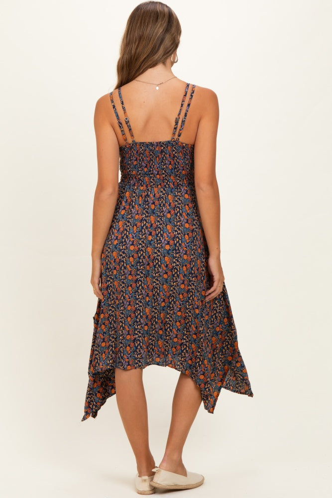 Navy Floral V-Neck Lace Trim Handkerchief Hem Maternity Dress