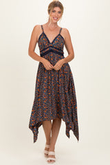 Navy Floral V-Neck Lace Trim Handkerchief Hem Dress
