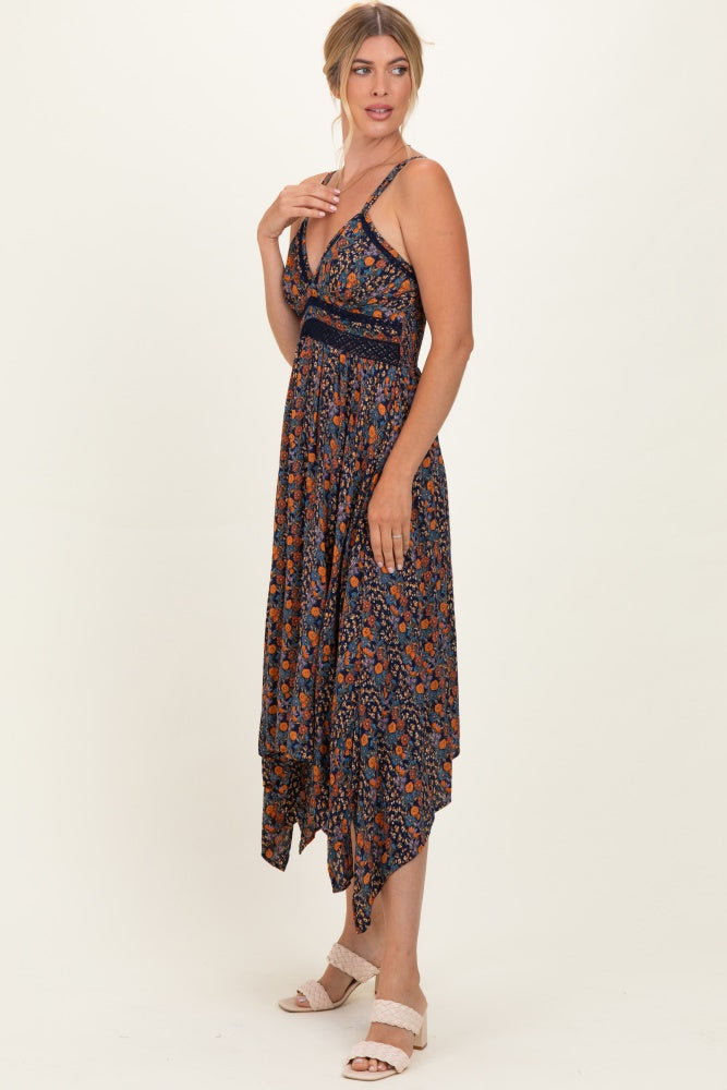Navy Floral V-Neck Lace Trim Handkerchief Hem Dress