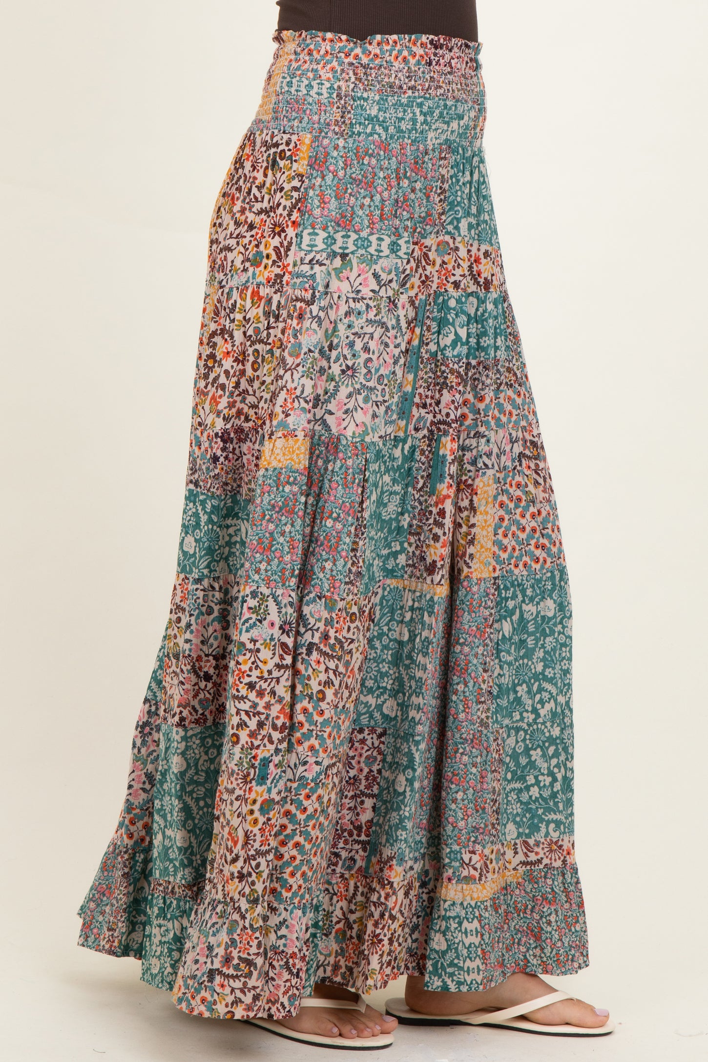 Teal Patchwork Print Smocked Waistband Maxi Skirt