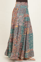 Teal Patchwork Print Smocked Waistband Maxi Skirt