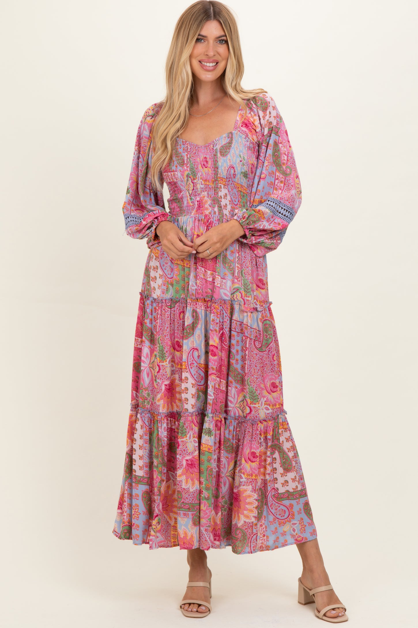 Pink Patchwork Print Smocked Tiered Maxi Dress