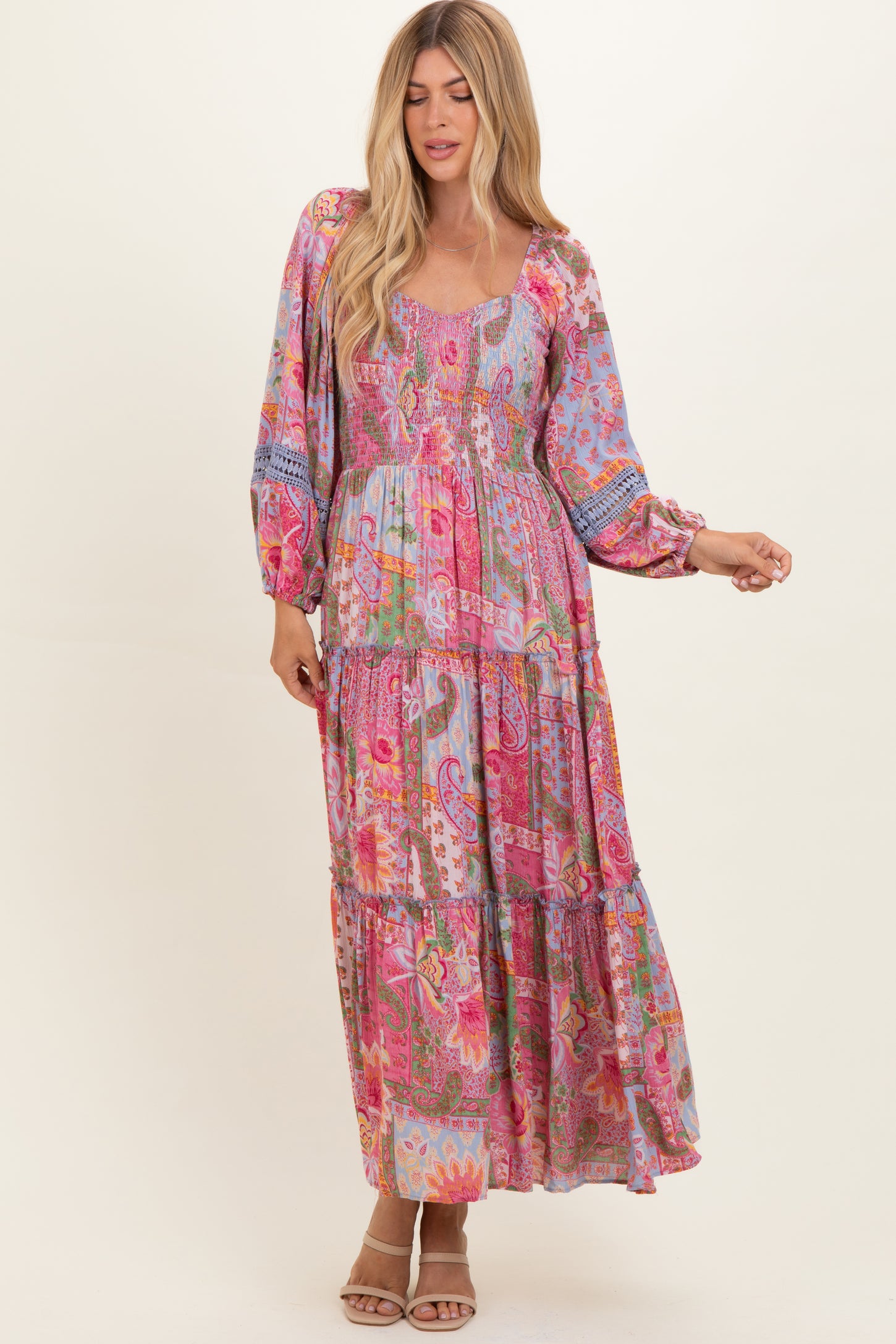 Pink Patchwork Print Smocked Tiered Maxi Dress
