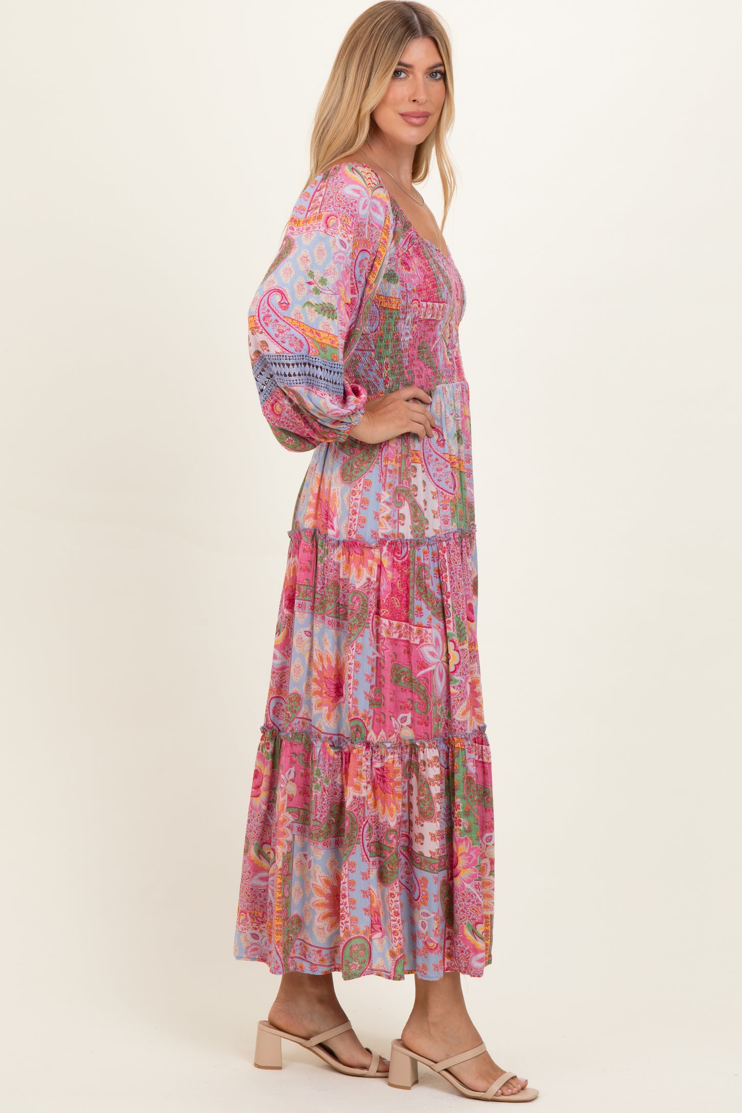 Pink Patchwork Print Smocked Tiered Maxi Dress