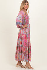 Pink Patchwork Print Smocked Tiered Maxi Dress