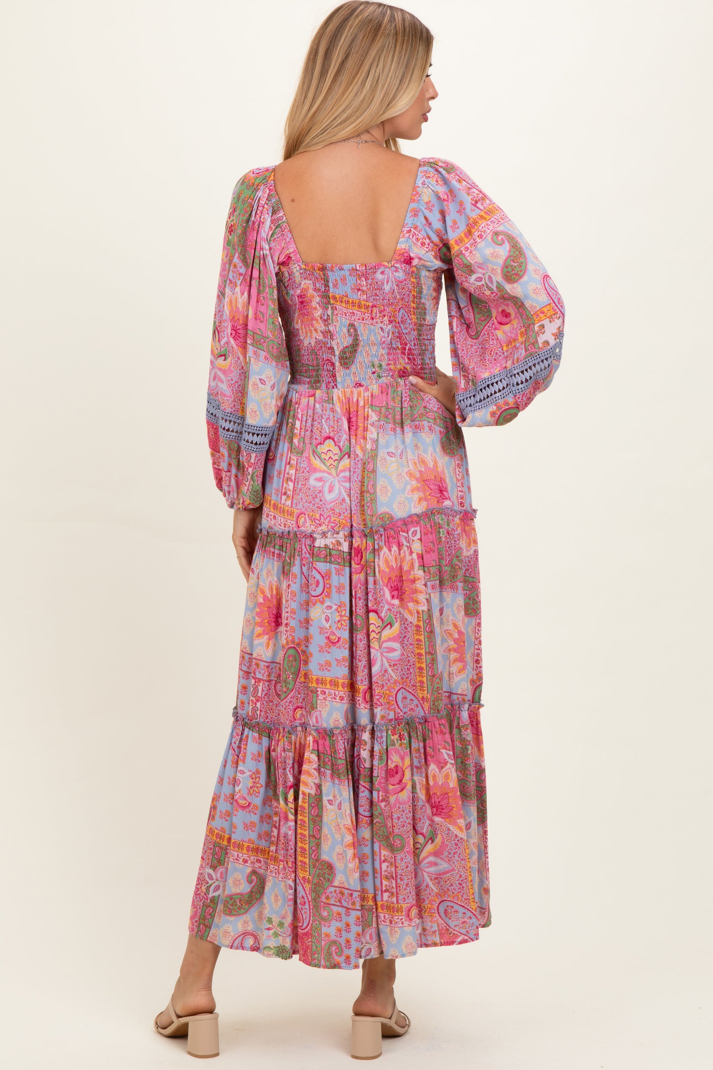 Pink Patchwork Print Smocked Tiered Maxi Dress