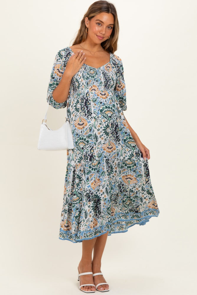 Blue Printed Smocked 3/4 Sleeve Maternity Midi Dress