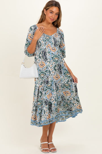 Blue Printed Smocked 3/4 Sleeve Maternity Midi Dress