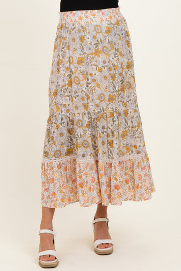 Lemon Mixed Floral Smocked Waist Maternity Maxi Skirt