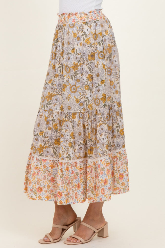 Lemon Mixed Floral Smocked Waist Maxi Skirt