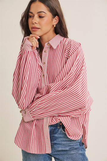 Brick Red  Drape Batwing Button-Down Shirt