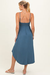 Blue Solid V-Neck Cami Maternity Dress