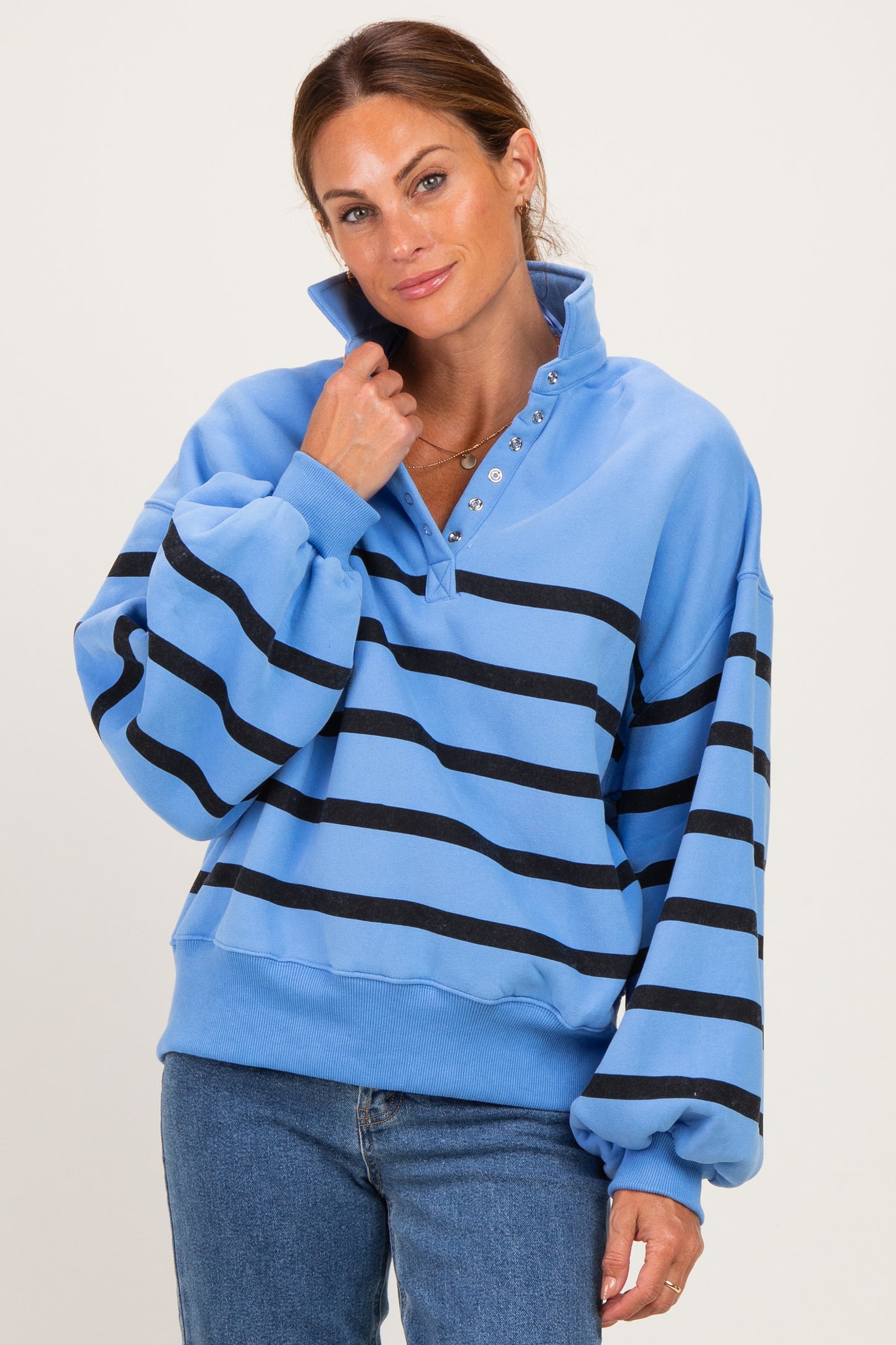 Blue Striped Snap Button Pullover