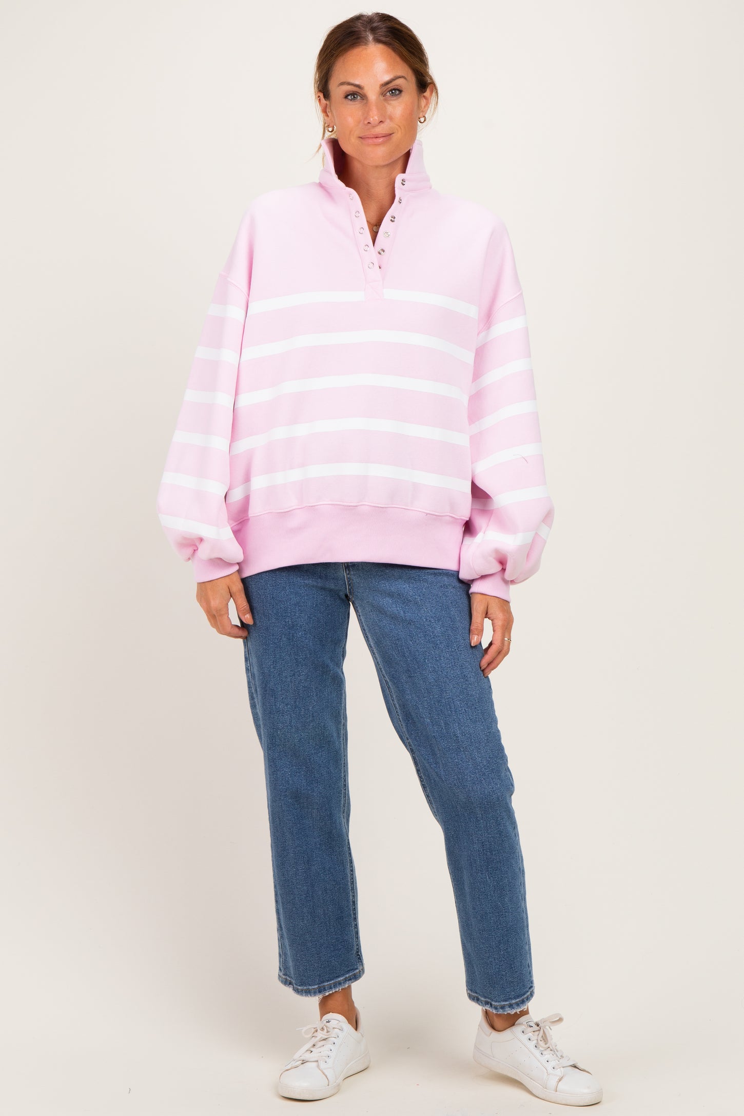 Light Pink Striped Snap Button Pullover