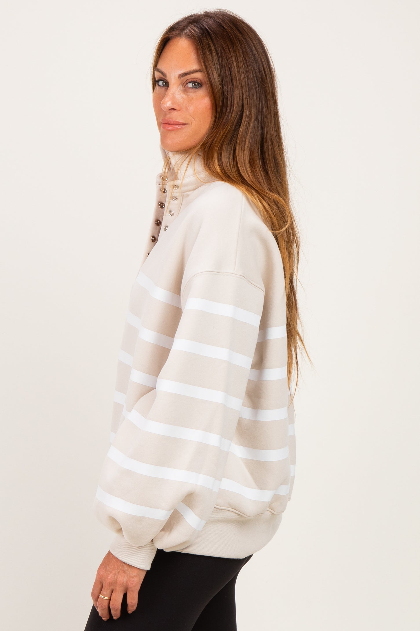 Beige Striped Snap Button Pullover