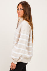 Beige Striped Snap Button Pullover