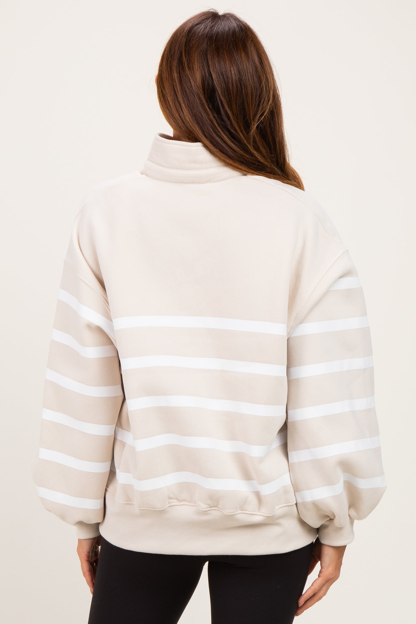 Beige Striped Snap Button Pullover