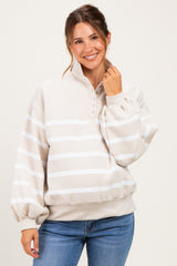 Beige Striped Snap Button Maternity Pullover