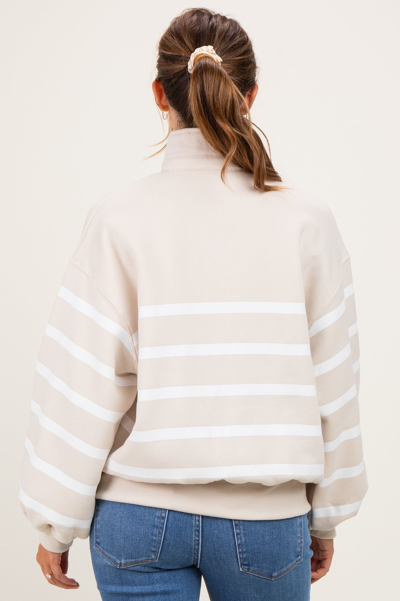 Beige Striped Snap Button Maternity Pullover