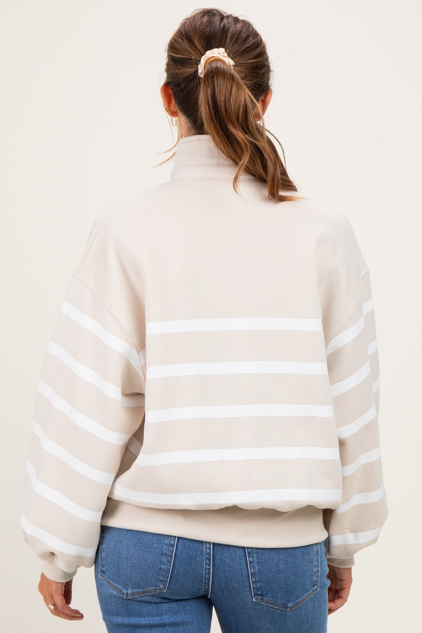Beige Striped Snap Button Maternity Pullover