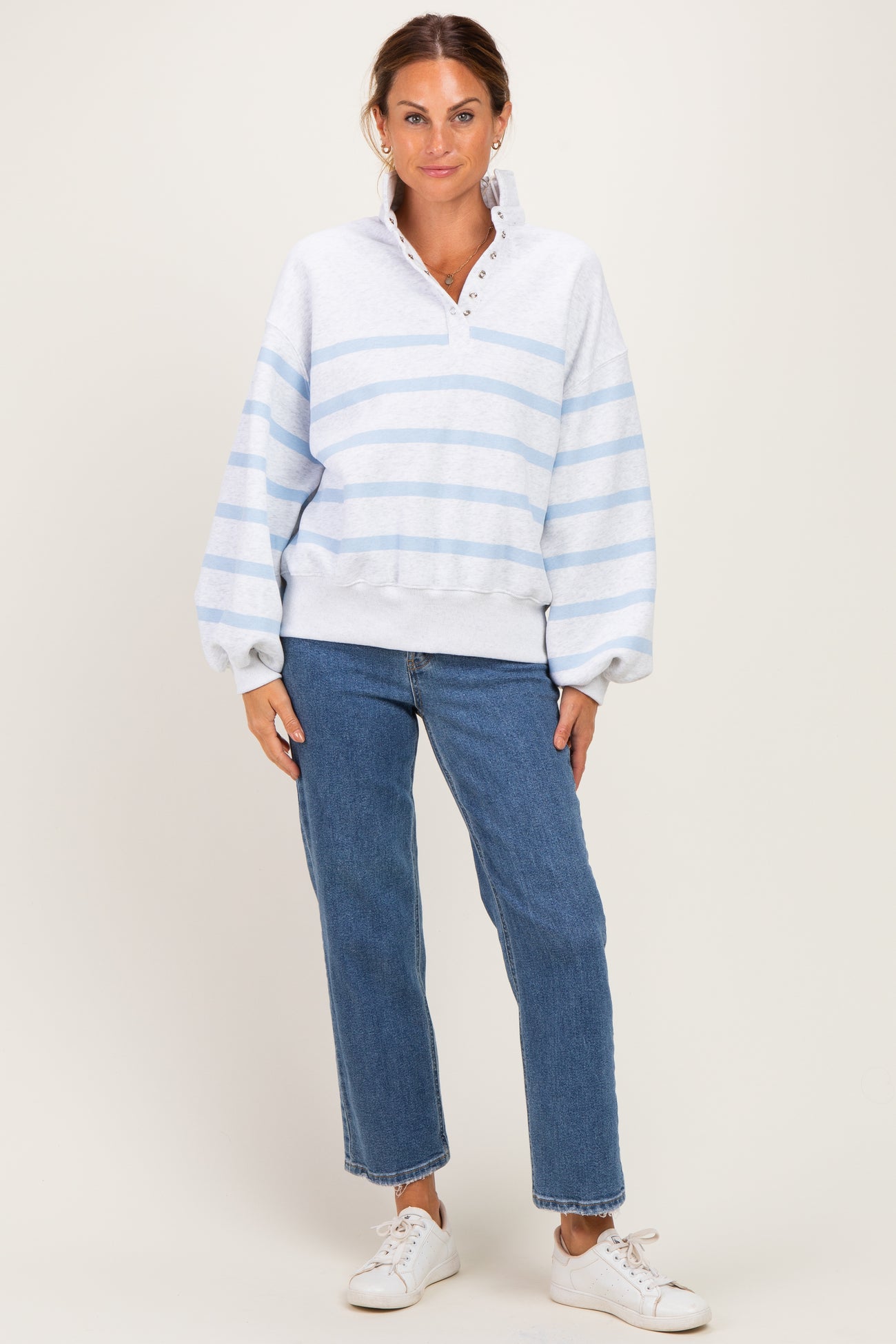 Heather Grey Striped Snap Button Pullover