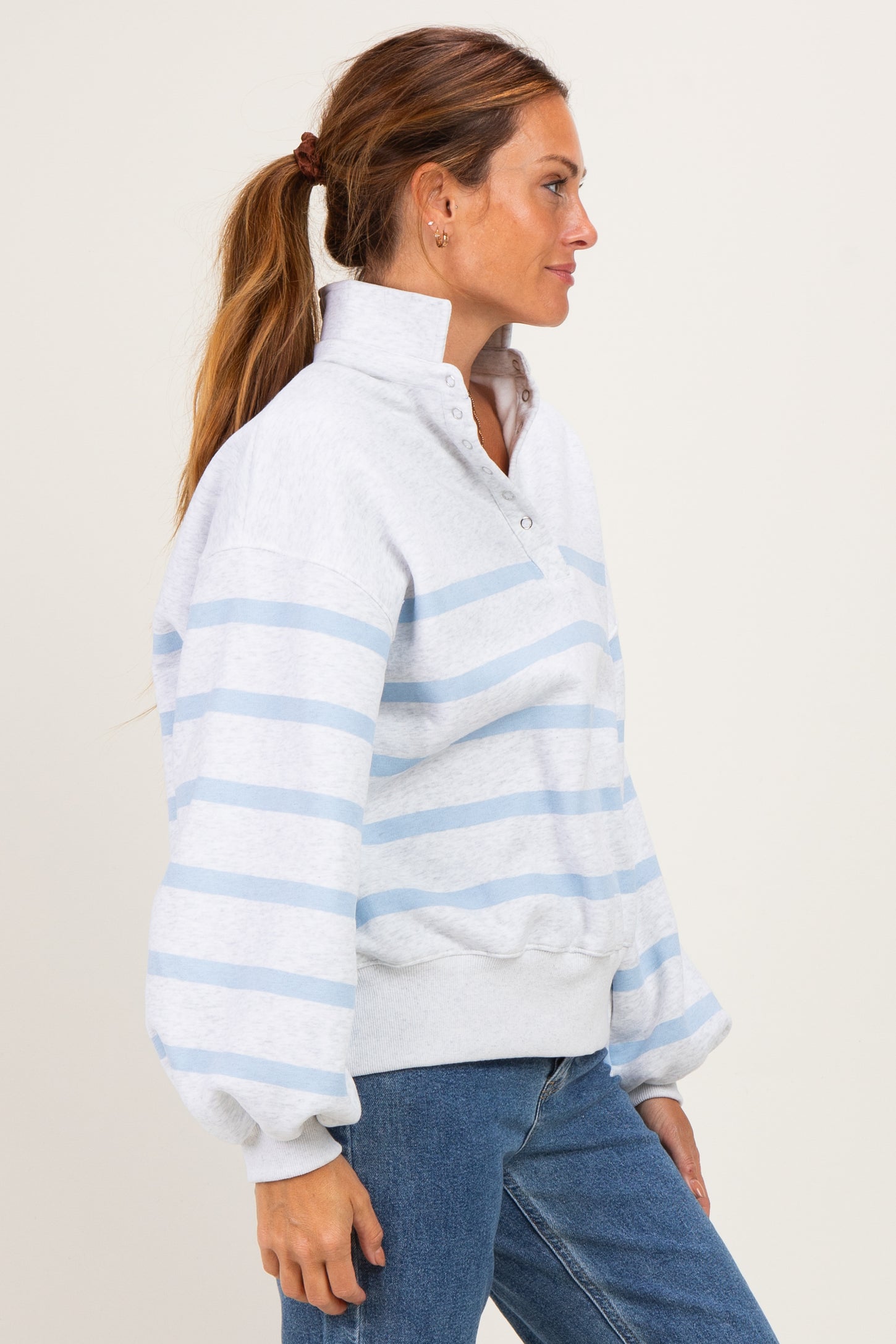 Heather Grey Striped Snap Button Pullover