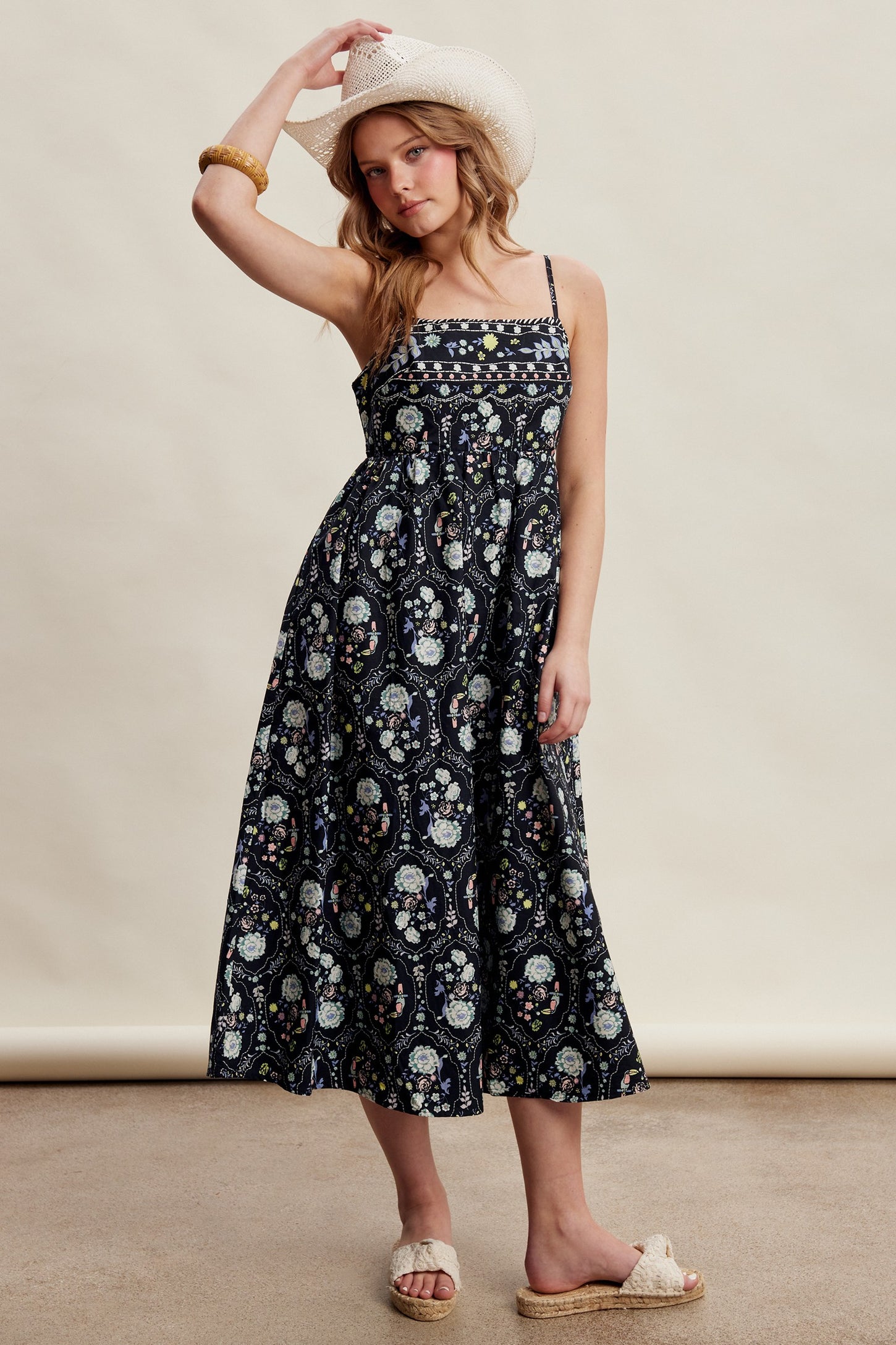 Black Floral Sleeveless Midi Dress