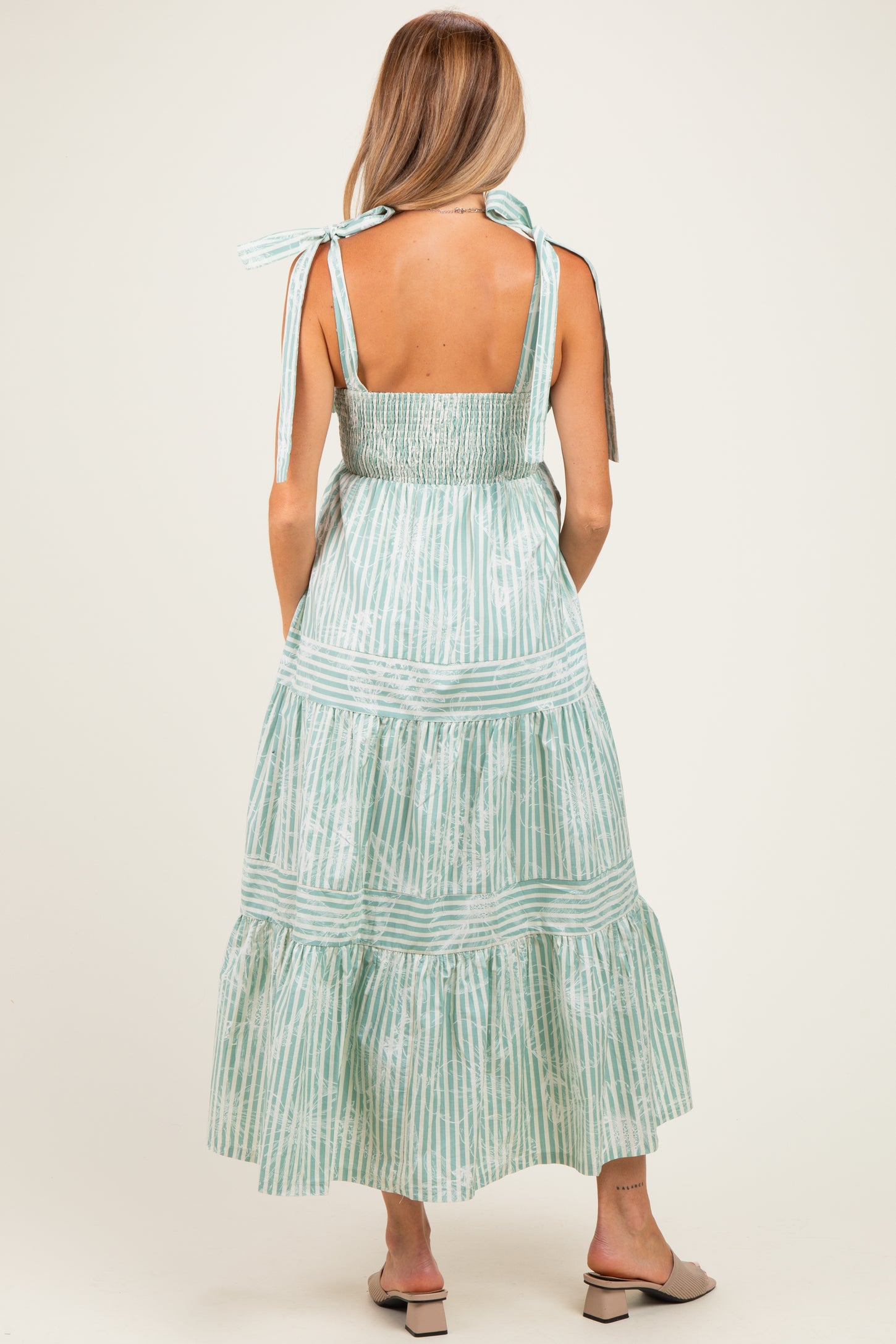 Sage Striped Shoulder Tie Tiered Maternity Maxi Dress