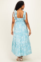 Aqua Striped Shoulder Tie Tiered Maternity Maxi Dress