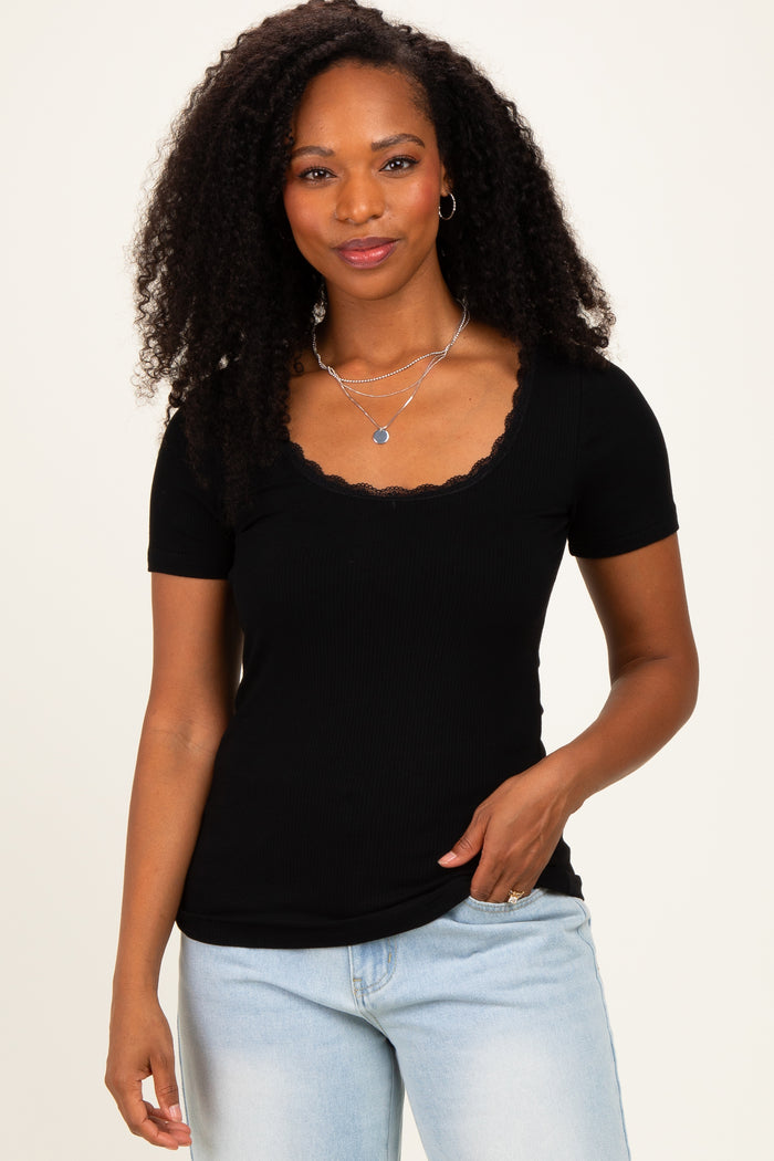 Black Lace Trim Ribbed Top